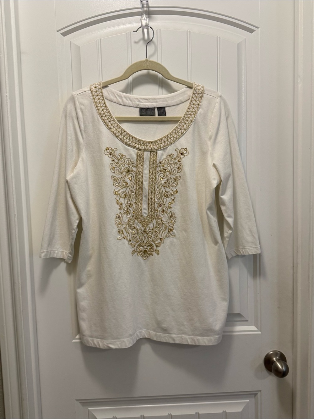 Chicos White Pullover Tunic Top Gold Embroidery 3/4 Sleeve Scoop Neck Boho Sz 2
